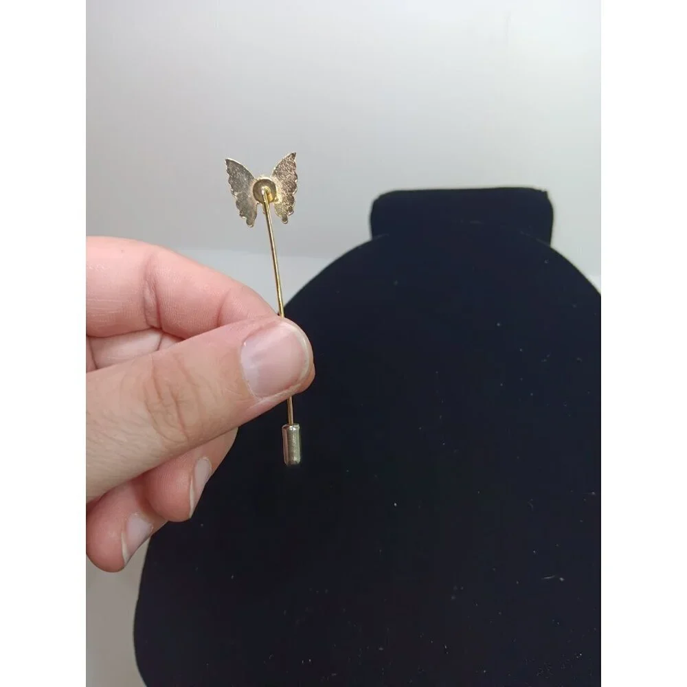 Vintage Red Yellow Enamel Butterfly Hat Stick Or Lapel Pin Goldtone